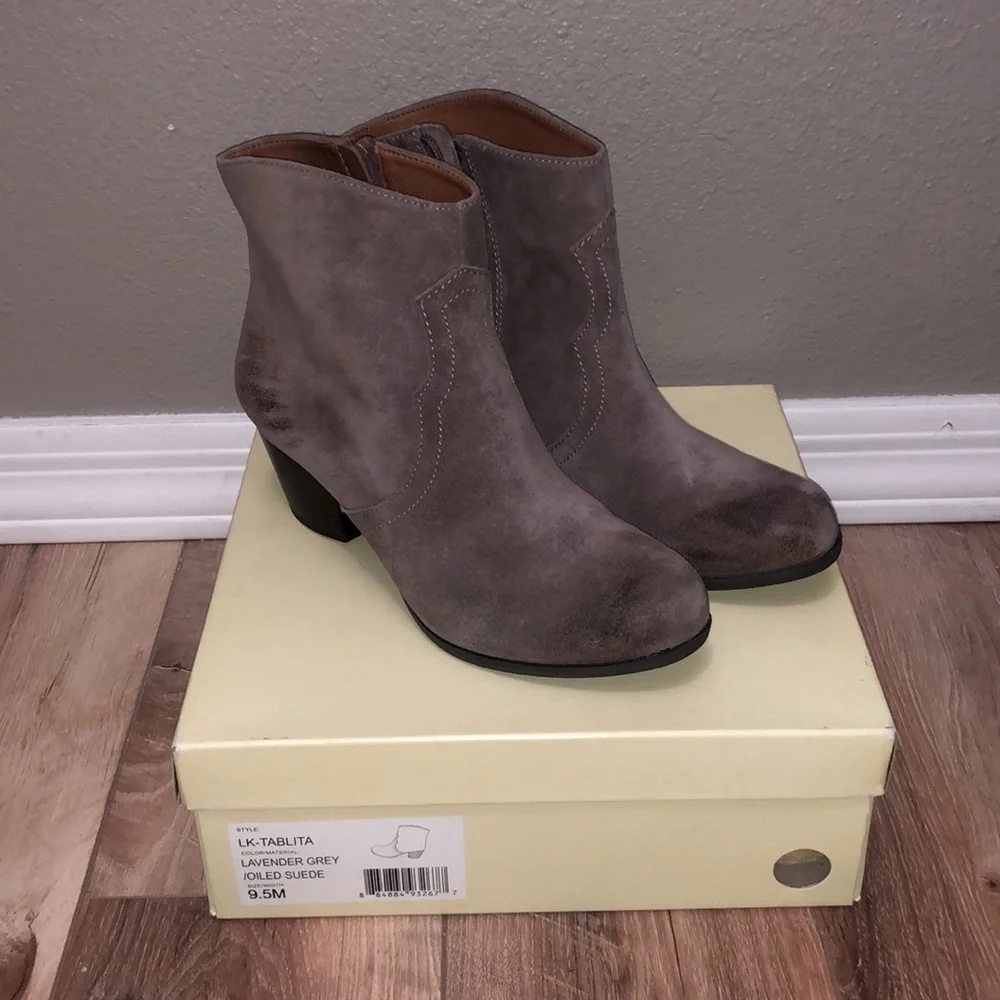 LuckyBrand Tablita SUEDE GREY BOOTS 2.5”Heels Side Zip NWB